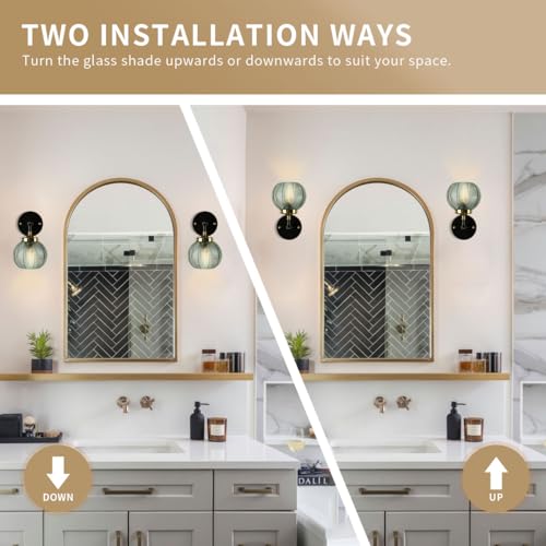 Image of Black Gold Bathroom Light Fixture Green 1-Light Bathroom Vanity Lamp | Mid Century Vanity Light Art Deco Light with 15cm /5.9″‌ Globe Glass Ribbed Lamp Shade for Over Mirror Bedroom Hallway 2 Pack