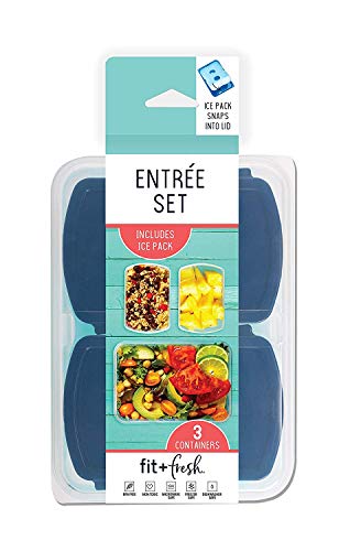 Fit & Fresh 216HL Entree Set with Ice Pack, 3 Reusable Portion Control Containers, BPA-Free, Microwave/Dishwasher Safe Lunch Box, Entrée, Blue