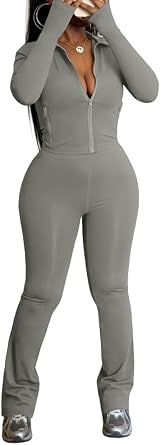 HBQ Womens Zip Up Tracksuit Set Long Sleeve Flare Pants