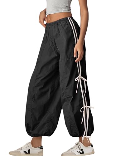 Zhiyouni Parachute Pants for Women Elastic High Waist Full Twist Hiking Cargo Pants Trousers(Black-S)