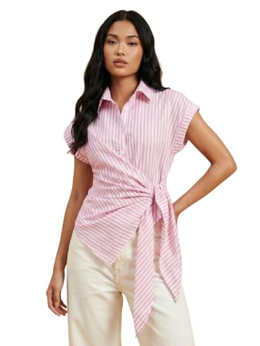 Image of Women Striped Wrap Style Cotton Shirt Drop Shoulder Casual Wear