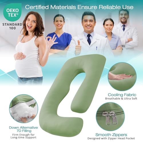 Image of Cooling Pregnancy Pillows for Sleeping, 57'' Full Body Pillow, Green | Sasttie Maternity Pillow, OEKO-TEX, Down Alternative, Removable Cover, Pregnant Women Must Haves, Maternity Essential