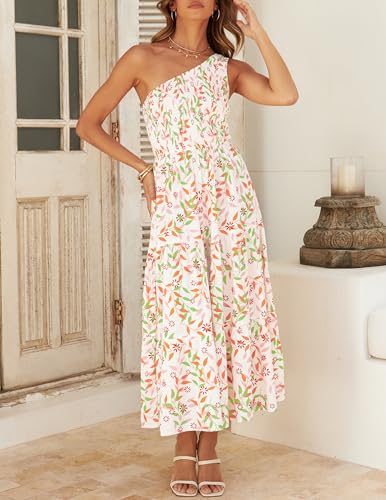 ZESICA Women's 2025 Bohemian Summer Floral Print One Shoulder Sleeveless Smocked Ruffle Tiered Beach Long Midi Dress4