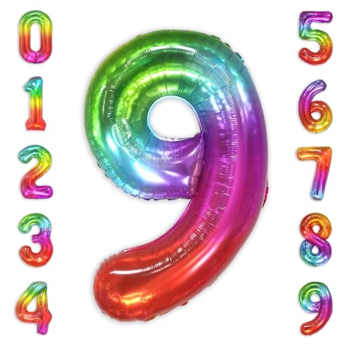 Image of SUWEN Rainbow Number 9 Balloon 40 Inch,Big Colorful Balloons 0-9 | Large Gradient Jelly 9th Helium Foil Mylar Number Multicolor Balloons for Birthday Anniversary Party Decorations
