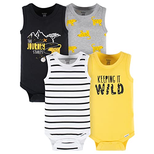 Gerber Baby Boys' 4-Pack Sleeveless Onesies Bodysuit, Leopard Journey Yellow, 12 Months