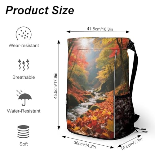 Small Gym Bag Forest Fallen Leaves Printed Drawstring Gym Bag for Men Lightweight Waterproof Drawstring Backpack for Women with Shoe Compartment for Travel Tourism Work And Fitness2
