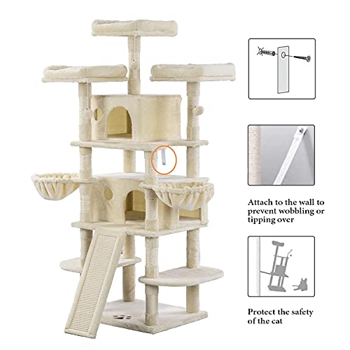 Imusee 68 Inches Multi-Level Cat Tree For Large Cats/Big Cat Tower With Cat Condo/Cozy Plush Perches/Sisal Scratching Posts And Hammocks/ Activity Center Play House/Beige #TOP2
