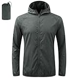 BSBUY Regenjacke Faltbar Wasserdichte, Sonnenschutzmantel Sportjacke mit Reißverschluss, Schnelltrocknend Leichte Kleidung mit Kapuze für Jahreszeiten Wandern Laufen Outdoor Angeln Camping, Grau,M