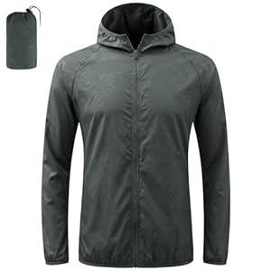 BSBUY Regenjacke Faltbar Wasserdichte, Sonnenschutzmantel Sportjacke mit Reißverschluss, Schnelltrocknend Leichte Kleidung mit Kapuze für Jahreszeiten Wandern Laufen Outdoor Angeln Camping, Grau, XL