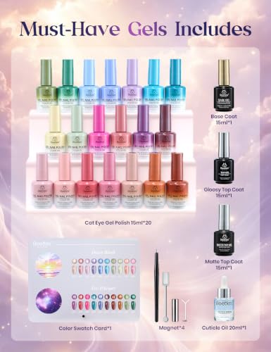 Image of Beetles Sky Symphony Cat Eye Gel Nail Polish Kit, 20 Colors, 15ml Each | With Base Coat Glossy and Matte Top Coats, Cuticle Oil, Swatch Card and 4 Magnets, Soak Off UV Manicure Cat Eye Set