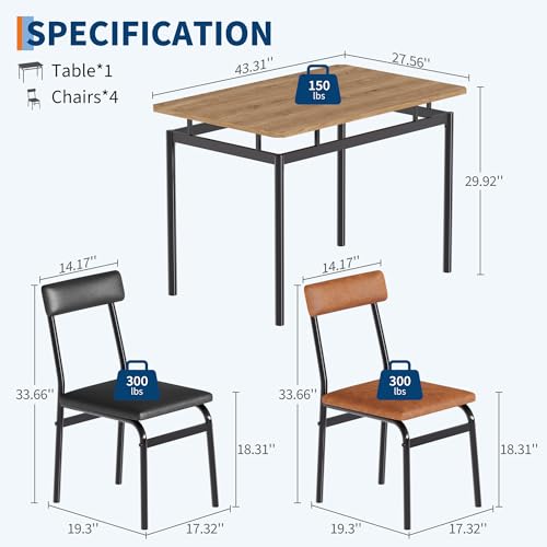 Garvee Dining Table Set for 4, 5 Piece Wooden Dining Table and Chairs, 4 PU Upholstered Chair, Modern Metal Frame Dinette Set for Dining Room, Home Dinner, Party, Apartment, Brown + Black