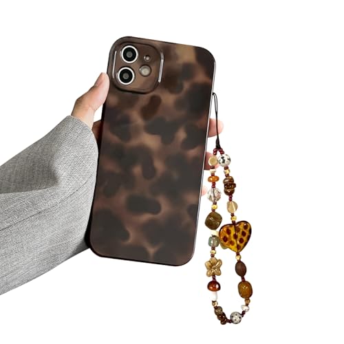 Coque iPhone 12 antichoc en TPU souple marron et bracelet perles anti-chute