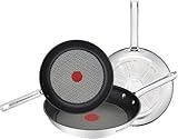 Tefal Duetto - Juego de Sartenes de 20/24/28 cm, Apto inducción, antiadherente, revestimiento titanio, Thermo-signal, sin PFOA, apto lavavajillas y horno, acero inoxidable