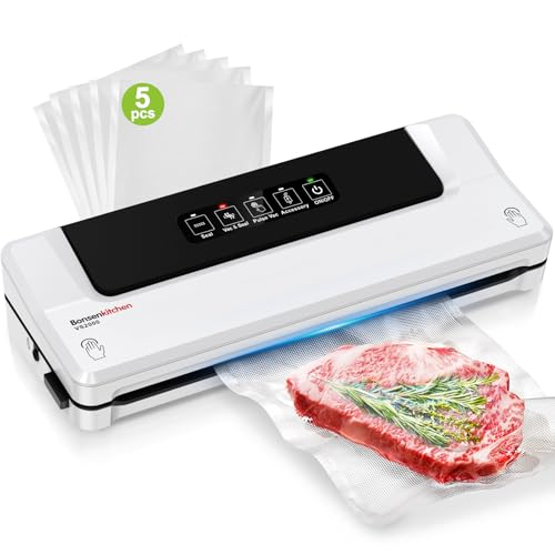 Bonsenkitchen Vakuumiergerät, Vakuumierer für kontinuierliches Arbeiten mit hoher Geschwindigkeit, Folienschweißgerät für Lebensmittel, inkl. 5 Vakuumier-Beutel und Schlauch (Weiß)