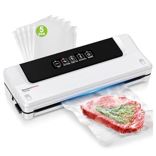 Bonsenkitchen Vakuumiergerät, Vakuumierer für kontinuierliches Arbeiten mit hoher Geschwindigkeit, Folienschweißgerät für Lebensmittel, inkl. 5 Vakuumier-Beutel und Schlauch (Weiß)