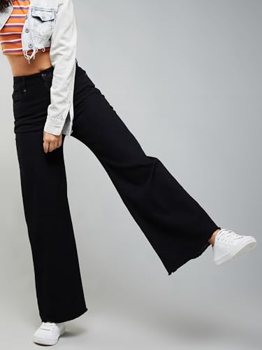 Image of Miss Chase Women's High Rise Regular-Length Stretchable Wide Leg Denim Jeans (MCSS22DEN12-17-518-38, Vampire Black, 38)