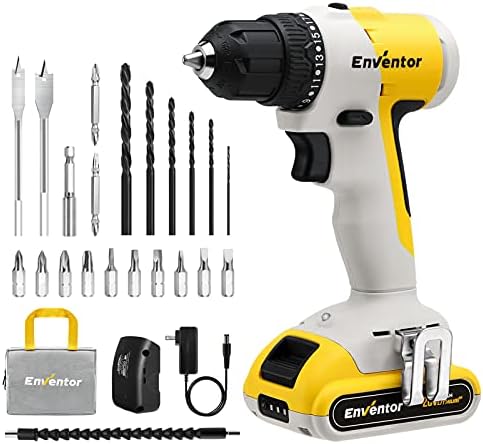 20V Cordless Drill Set, ENVENTOR 3/8 inch chuck, 400 in-lb Torque, 19+1 clutch, LED work light, cordless drills with battery and charger for Metal, Wood, Ceramic Tile Drilling, Drill tool set