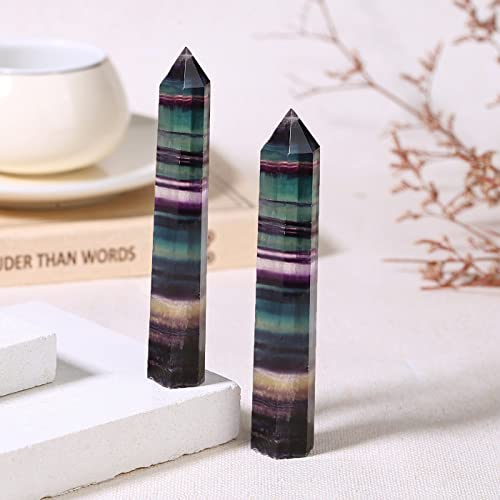 Zhiyuxi 3.7-4" Fluorite Healing Crystals Wands Crystal Tower Hexagonal Pointed Crystal Wand Stone Large Crystals Reiki Energy Balancing Meditation Therapy Gemstones Decoration Gifts 1 Pc #TOP2