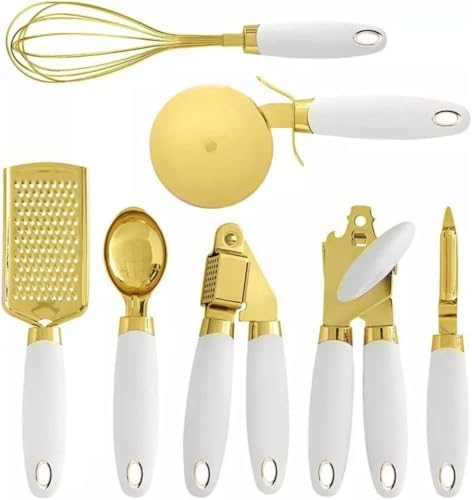 White & Gold Kitchen Tools and Gadgets - Luxe 7PC Cooking Tools and Gadgets with Anti-Slip Handles, Gold Utensils Set, Gold Kitchen Accessories,Premium Kitchen Gadget Set (Champagne gold & white)
