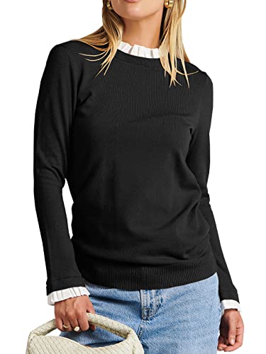 Anrabess Women’s Long Sleeve Mock Neck Ruffle Contrast Slim Fit Casual Solid Knit Pullover Sweater Top 563Heise-S Black #TOP15