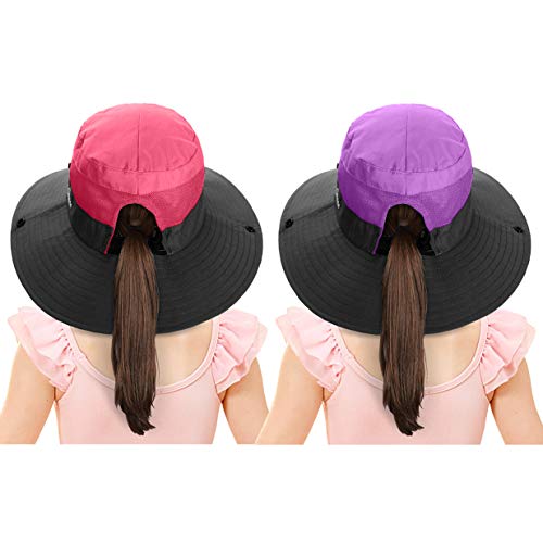 2 Pieces 5-14Y Kids Summer Sun Hat Wide Brim Uv Protection For Girls Ponytail Beach Bucket Cap (Purple＆Watermelon Red) #TOP1