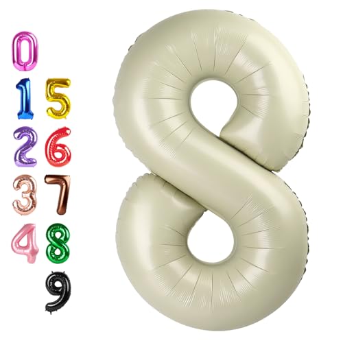 Image of 8 Balloon 40 inch Cream Number Balloons for 8th Birthday Party Decoration | Saturated Color, Large 40 inch, With Inflation Straw & Hanging Holes, Great for Wedding, Anniversary, Thanksgiving, Christmas