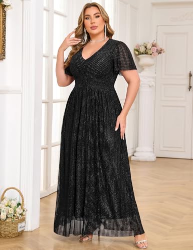ZOMVA Plus Size Maxi Formal Dress Sparkly V-Neck A-line Ruffle Sleeves Evening Gown Cocktail Prom Lace3