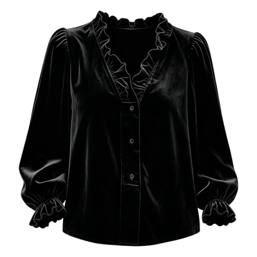 Blusa de terciopelo con cuello en V para mujer, manga larga de globo y