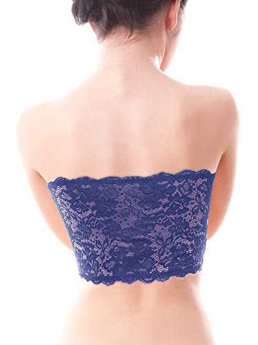 4 Pieces Women Lace Bandeau Bra Tube Top Elastic Strapless No Sponge Pad No Underwire Bra For Daily Favor (Black, White, Navy Blue, Wine Red,Medium) #TOP5