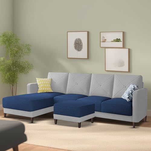 Image of Baloney LHS 6 Seater L Shape Sofa Set with Center Table for Living Room (Blue Grey Fabric) Premium Fabric Sofa
