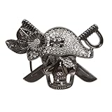 Gunmetal Pirate Skull Rhinestone Belt Buckle, 4.75'x3.25', gunmetal