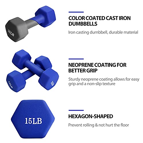 Dumbbell Set, Topmade 15Lb Pair Neoprene Coated Iron Dumbbells Hand Weights Set Barbell Exercise Fitness Hex Dumb Bell Free Weight Dumbbell Fr Women Men Home Gym Workout Strength Bodybuilding Training #TOP2