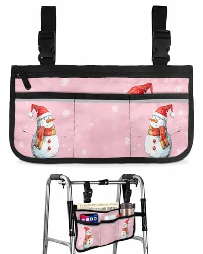 Christmas Wheelchair Side Storage Bag Red Hat Snowman Snowflake Pink Armrest Pouch with Cup Holder and Reflective Strip Wheelchair Accessories Organizer Bags for Walkers Rollator