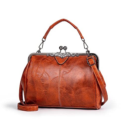 Vintage Hollow Shoulder Bag for Women Leather Satchel Clutch Purse with Kiss Lock Genuine Leather - Main Image