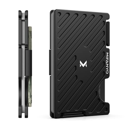 MIFANYO Wallet for Men, Minimalist Metal Card Holder with Cash Strap, Slim Front Pocket Wallet, RFID Blocking, Black, LK-01