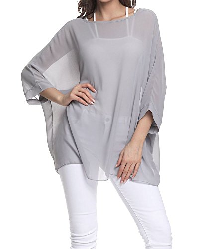 Rokou Womens Floral Chiffon Blouse Loose Batwing Bohemian Semi Sheer Tops (Color5, Large)