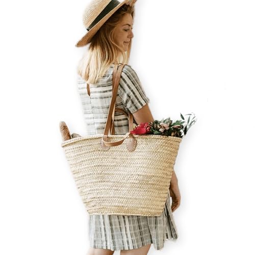 Bolso de mercado francés con asas planas dobles de cuero – Elegante bolso de paja marroquí para la playa y uso diario miniatura 1
