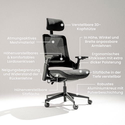 Ergotopia NextBack Pro Ergonomischer Bürostuhl 150kg – Schreibtischstuhl ergonomisch, Bürostuhl ergonomisch Testsieger 100% individuell einstellbar, Gamingstuhl Office Chair