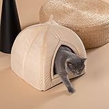 Picture of KASENTEX Cat Bed for Indoor Cats, 2-in-1 Cat House Pet Supplies for Kitten and Small Cat or Dog - Animal Cave, Cat Tent with Removable Washable Pillow Cushion, (Camel 15x15x15)