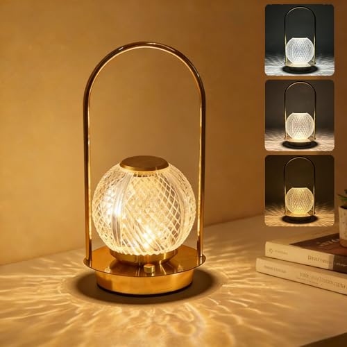 Image of Cordless Rechargeable Table Lamp - Protable Metal Gold Table Lamp, Crystal Vintage Lantern Table Touch Light, 3 Color Stepless Dimming Battery Operated Light for Indoor Outdoor, Camping, Bedroom(Gold)