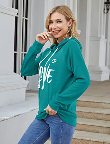 Syellowafter Women Casual Graphic Printed Pullover Sweatshirt Love Letter Hoodie Lightweight Fall Tops Blouse Teal Green X-Large #TOP2