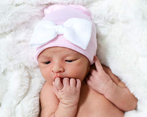 Nurses Choice Newborn Baby Girls' Bow Cap Set (Includes 2 Fitted Hats with Bows) Pink4