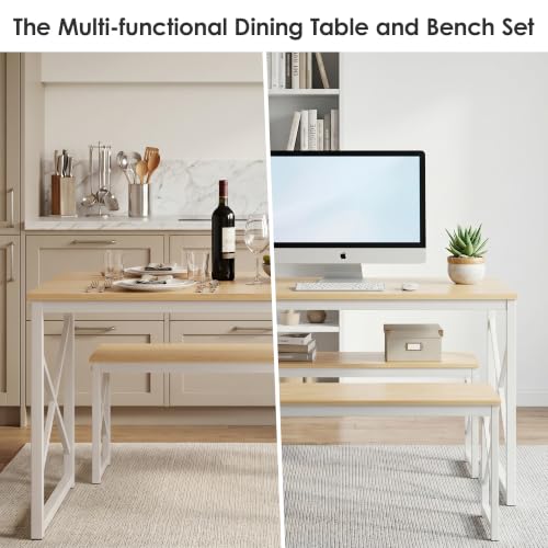 Image of VECELO 43.3 inch Kitchen Dining Table Set for 4, Heavy-Duty Steel Frame & Wood-Grain Tabletop, Space-Saving Dinette Sets with 2 Benches for Breakfast Nook and Small Space, Natural Wood