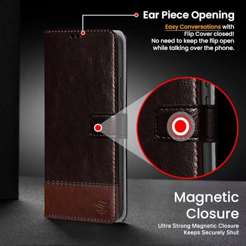 Image of FLIPPED Vegan Leather Flip Case Back Cover for 1+ OnePlus Nord CE 5 5G (Flexible, Shock Proof | Hand Stitched Leather Finish | Card Pockets Wallet & Stand | Coffee with Brown)