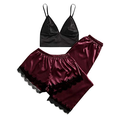 Lingerie sexy femmes vêtements de nuit en satin bordeaux avec slip et soutien-gorge