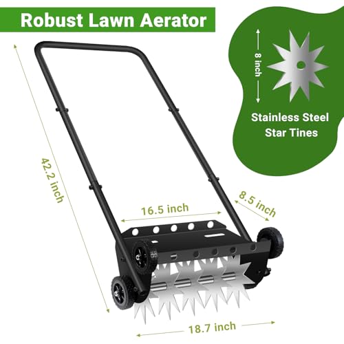 18-Inch Push Lawn Aerator with 4 Wheels,Push Spike Aerator,Heavy Duty Rolling Manual Yard Aerator Lawn Tool with 45inch Handle,Suitable for Lawn Garden Yard Grass Maintenance
