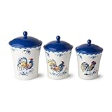 French Rooster Ceramic 3‑Piece CANISTER SET, farmhouse kitchen storage jars with rooster motifs and cobalt trim, perfect for coffee, sugar, flour, baking supplies