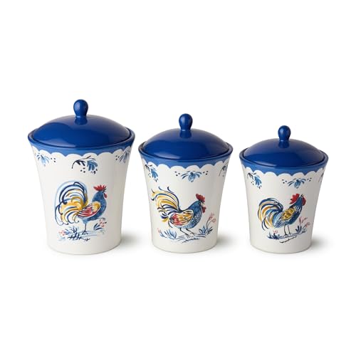French Rooster Ceramic 3‑Piece CANISTER SET, farmhouse kitchen storage jars with rooster motifs and cobalt trim, perfect for coffee, sugar, flour, baking supplies