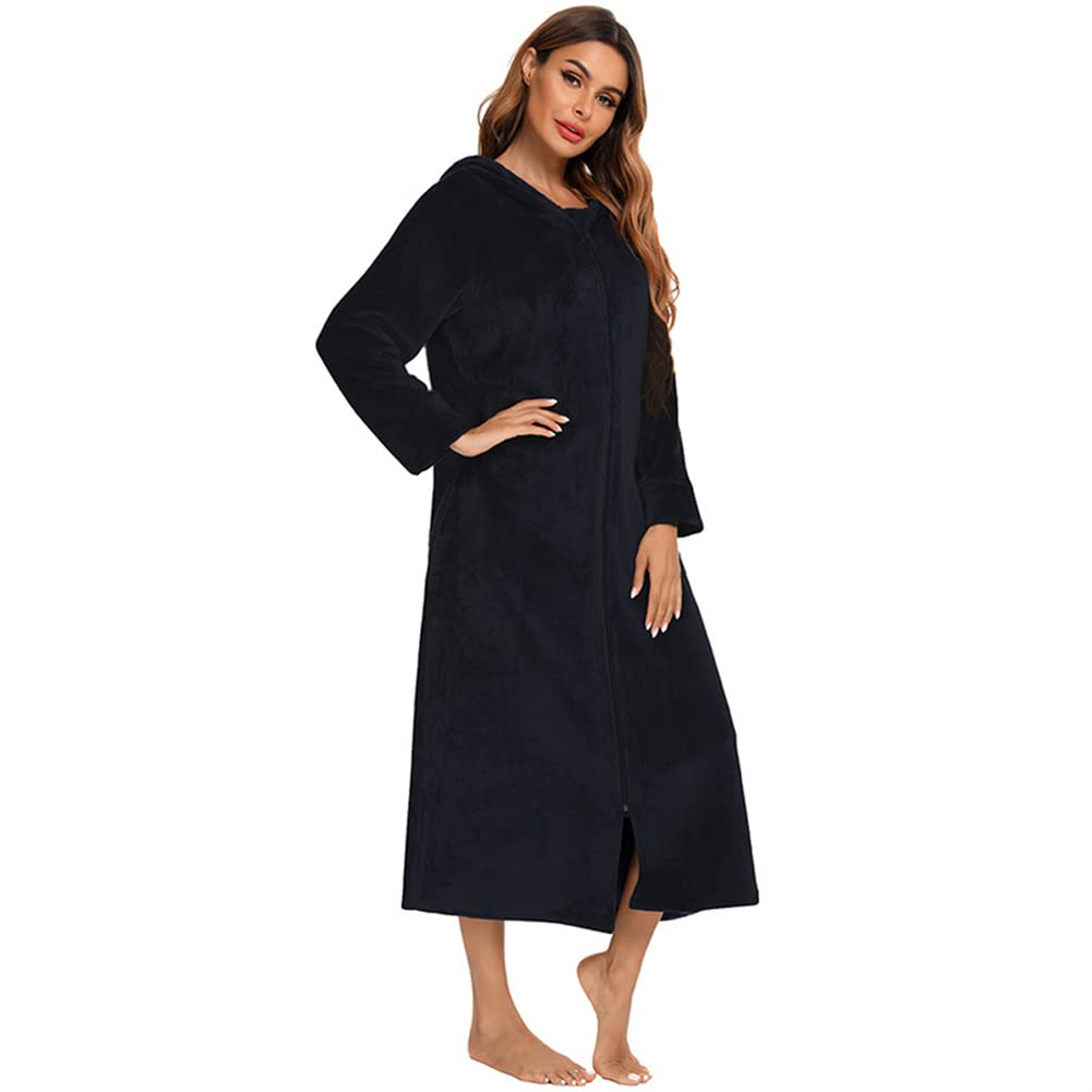 Damen Langer Warmer Bademantel Reißverschluss Fleece Plüsch Nachtwäsche Weich Casual Hauskleidung