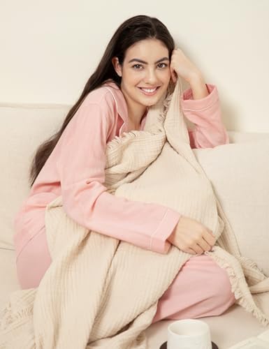 Image of Womens Muslin Pajama Set 100% Cotton Double Gauze Linen Like | Breathable Soft Comfort Button Up Loungewear Sleepwear PJ Set
